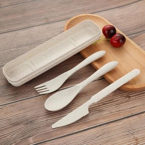 3Pcs/set Wheat Straw Knife Fork Spoon Sets Travel Cutlery Portable Cutlery Box Japan Style Student Dinnerware Kitchen Tableware