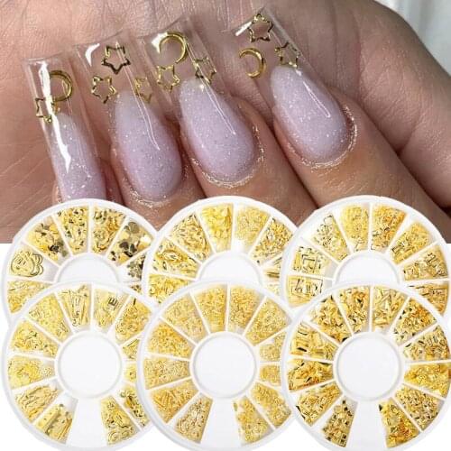 3D Gold Nail Rivet Studs Nail Art Metal Mixed Moon Star Heart Shell Round Square Geometric Nail Decoration Jewelry Accessories