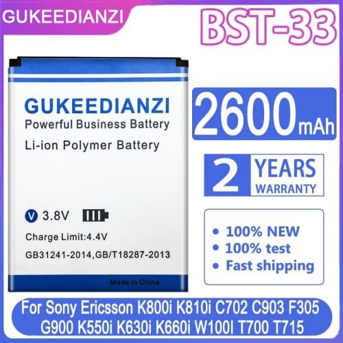 GUKEEDIANZI Battery BST-33 2600mAh For Sony Ericsson K800i K810i C702 C903 F305 G900 K550i K630i K660i W100I T700 T715 Phone