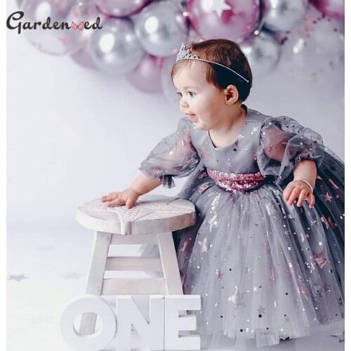 Kids Glitter Sequin First Communion Dress Sequin Bow Tulle Layer Flower Girls Dresses Sleeves Shiny Princess Dress For Girls