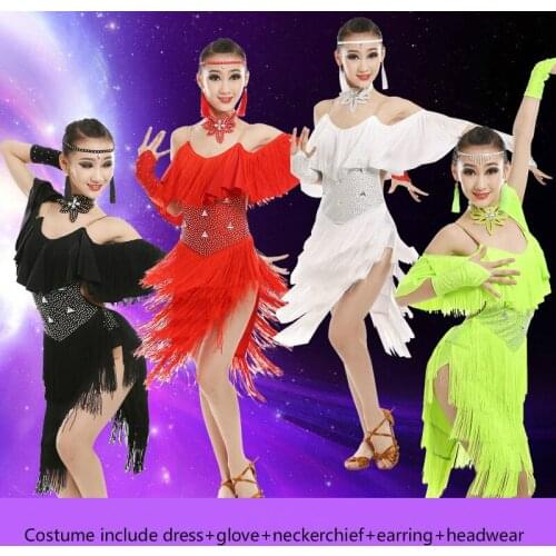 Girls Tassel Professional Latin Dance Dress for Competition Child Modern Standard Ballroom Dance Dress Kids Spain Dance Dress 89