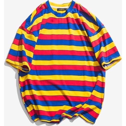 Mens summer round neck cotton short-sleeved fashion trend street hip-hop color wide striped wild loose casual t-shirt top tees
