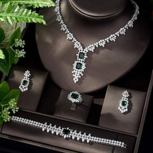 HIBRIDE Trendy Cubic Zirconia Women Weeding Jewelry Set Green Color Square Design Bridal Necklace Earring Set Bijoux N-1096