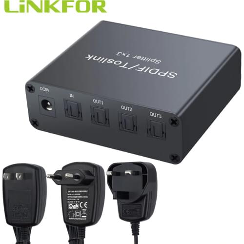 LiNKFOR Digital Optical Audio Splitter SPDIF Toslink Optical Digital Audio Splitter 1x3 For LPCM 2.0 DTS Dolby-AC3 Audio