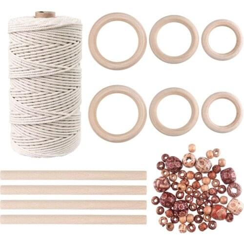 M Natural Macrame Cord with 60 Pcs Wood Beads 6Pcs Wood Ring and 4Pcs Wooden Stick for Crafts,DIY Plant Hangers