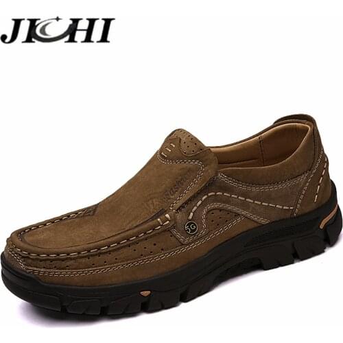 JICHI Genuine Leather Mens Loafers Luxury Handmade Cow Leather Casual Shoes Men Comfortable Soft Hiking Shoes Slip-on Moccasin