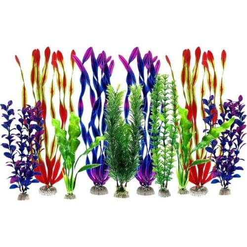 Set Of 10 Plastic Artificial Aquatic Plants For Aquarium Decoration Assorted Colors-ABUX
