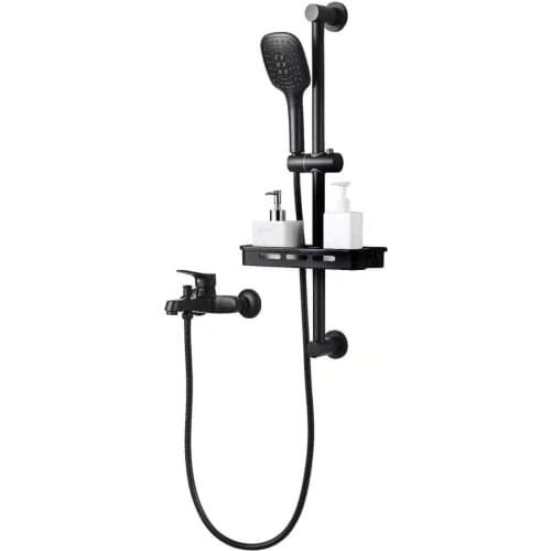 Black brass bathroom shower faucet set cold hot water mixer shower faucet set with slide bar soap shower jell shelf wall mounted