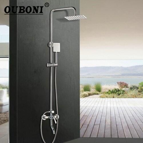 OUBONI Stainless Steel 2 Functions Bathroom Faucets Set Chrome Polish 8 Inch Rainfall Shower Head Mixer Faucet Adjust Height