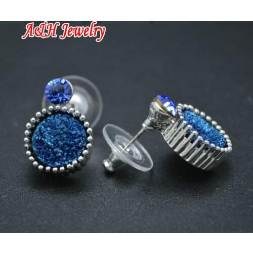New Arrival Royal Blue Druzy Stone Stud Earring For Fashion Women Jewelry Ancient Silver Color Drusy Jewelry