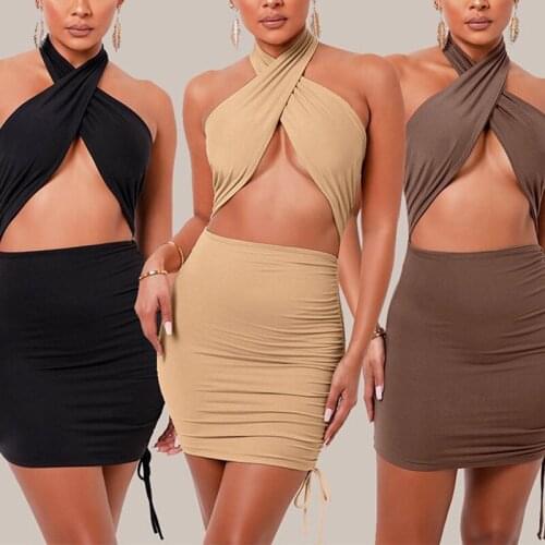 OMSJ Y2K Drawstring Dresses For Women 2021 Sleevekess Ruched Hollow Out Chic Sexy Robe Daily Banquet Party Sexy Vestidos Females