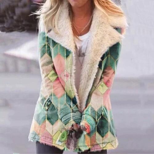 Winter Warm Parka Womens Casual Lapel Printed Vintage Single-breasted Long-sleeve Coats With Down-down Cotton Hooded Parkas