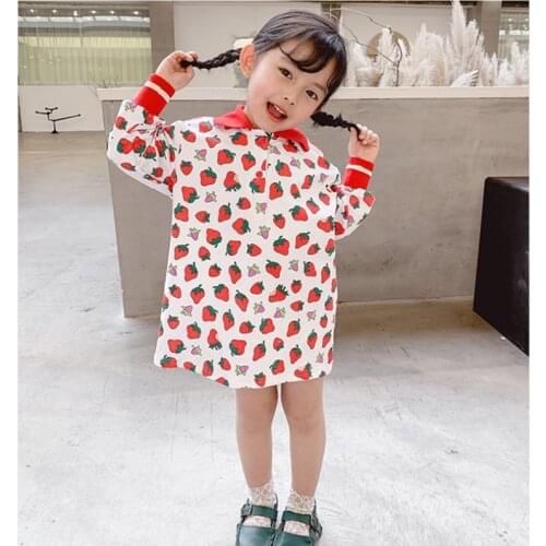 New Girls Summer Spring Dresses Cloth Formal Fashion Casual Loose Cute Lapel Strawberry Printing Long Sleeve T-Shirt Skirt