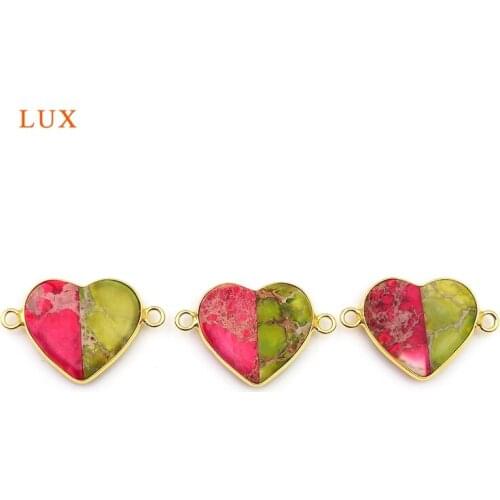 2pcs Natural Colours Emperor Stone Heart Shaped Pendants Two Hole Gold Connector Charm Woman Jewelry Making Necklace Bracelet