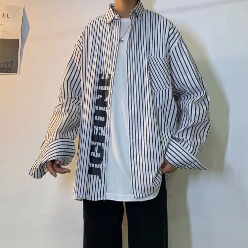 2021 New Blue Stripe Shirt Mens long sleeve autumn Korean fashion printed fried Street Shirt casual coat camisa social