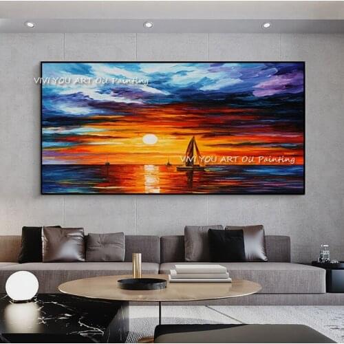 Hand Painted Abstract Ocean Sailboat Sunset Oil Painting Large Art Modern New Design Office Wall Canvas Home Decoration Gift