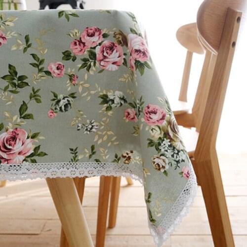 Flower Printed Table Cloth Cotton Linen With Lace Border Home Kitchen Desk Cabinet Party Wedding Table Cover Rectangular Nappe