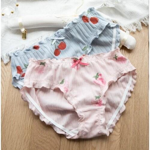 Sweet Ruffles Trim Women Panties Milk Silk Underwear Cute Briefs Cherry Strawberry Cute Girls Intimates 4 Colors