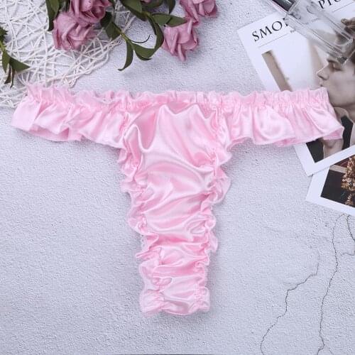 Sexy Men Satin Bikini Briefs Thong Underwear Soft Shiny Ruffled Frilly Sissy Panties High Cut Open Butt Panties Erotic Lingerie