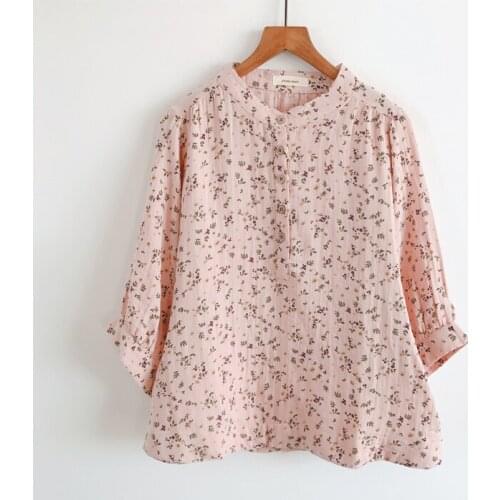 2020 New Summer Women Cotton yarn Blouse Japan Style Mori Girl Floral Print Stand Collar Three Quarter Sleeve Women Shirt