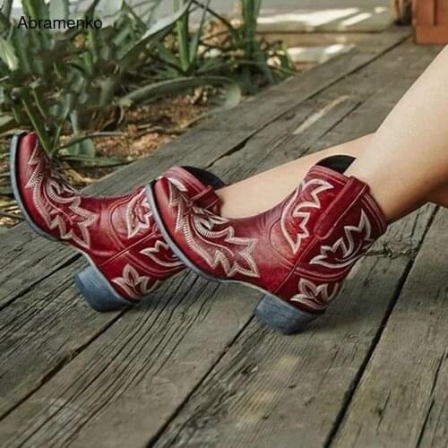 Shoes For Women Chunky Leather Women Ankle Boots Autumn Thick High Heel Martin Boots Embroidered Fashion Shoes Plus SIze 35-43