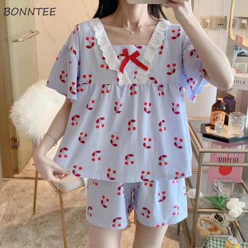 Women Pajama Sets Square Collar Fruit Printed Kawaii Japanese Short Sleeve High Quality Sleep-wear Leisure Sweet Girl Summer New