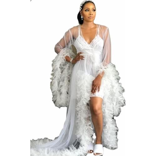 2021 Women Bathrobe Sheer Nightgown Robe Prom Bridesmaid Shawel Custom Made Lace Tulle V Neck Long Sleeves Split Lady Sleepwear