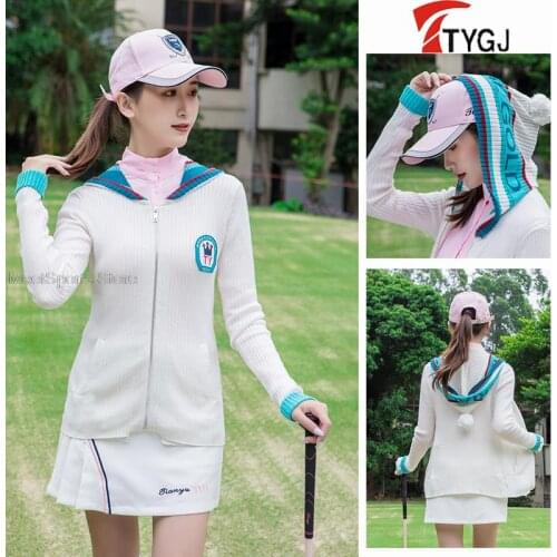 New Golf Wear WomenS Knitted Cardigan Autumn Winter Girls Hooded Sports Sweater Stretch Slim Fit Golf Shirts Full Zipper Coats