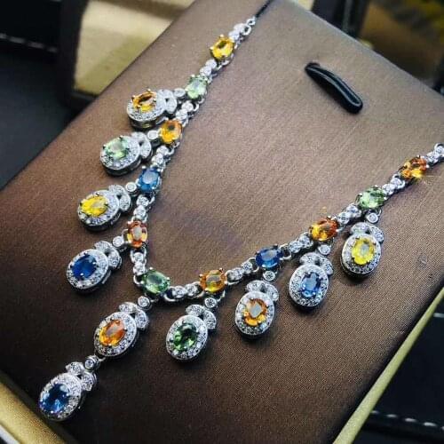Colorful Natural Real Sapphire Necklace Pendant Solid S925 Sterling Silver For Women