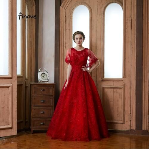 Finove Long Prom Dresses 2019 Elegant Red Illusion Half Sleeves With Appliques Crystals Formal Dress Prom Gowns Vestido de Festa