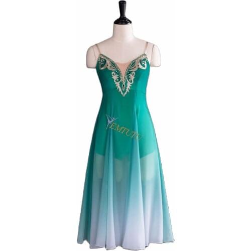 Women Professional Ballet Long Dress Green Gold Adult Ballet Stage Costume Chiffon Competition Performance Ballet Dance Attire