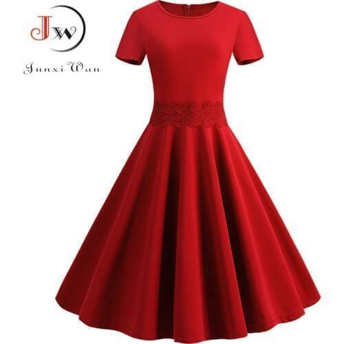 Women Party Dress Summer 50s Retro Vintage Dress Red Lace Short Sleeve Elegant Casual Rockabilly Swing Midi Dress Plus Size