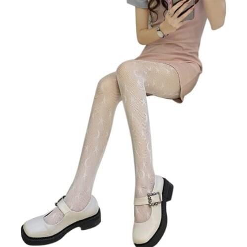 066C Japanse Women Sexy Fishnet Pantyhose Gothic Punk Moon Star Pattern Jacquard Tights Harajuku Lolita Kawaii Hollow Out Mesh