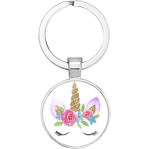 10PC/lot Unicorn Keychain Animal Horse Key Chain Handmade Round Photo Frame 25mm Glass Cabochon Car Key Ring Holder Jewelry Gift