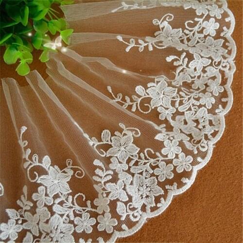 10Yards 14cm Wide Ivory White Flowers Embroidered Lace Trim Mesh Tulle Fabric Lingerie Bra Dress Decor Clothes Accessories