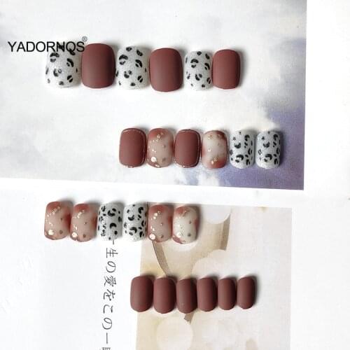 24pcs Dark Brown Nail Patch Glue Type Removable Short Paragraph Fashion Manicure Save Time False Nail Patch TY