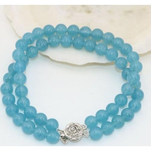 6mm blue stone chalcedony jades round beads 2 rows multilayer bracelets women free shipping fashion jewelry 7.5inch B2789
