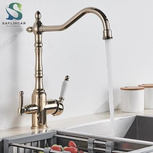 Antique Brass Kitchen Sink Faucet Black/Chrome Faucets Pure Water Tap Hot & Cold Water Mixer Crane Dual Handles Bridge shape