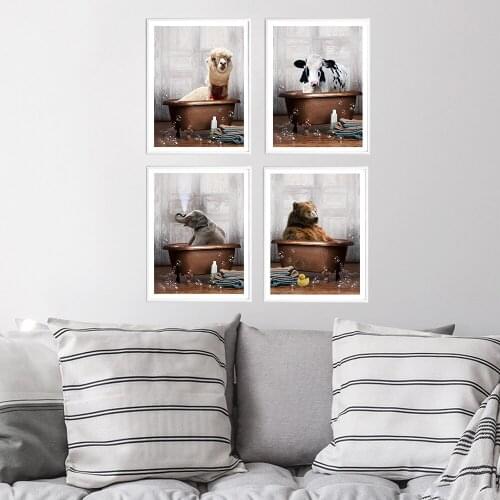 Baby Room Decor Animal in Bathtub Poster Bear Cow Elephant Liama Canvas Painting Nursery Wall Art Nordic Picture For Room Decor