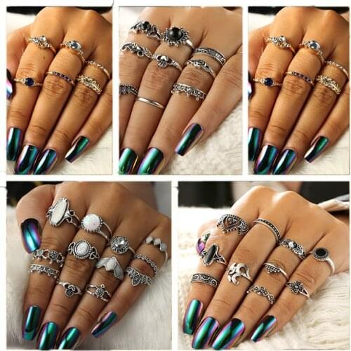 HuaTang Vintage Opal Tortoise Crown Shape Knuckle Midi Rings for Women Silver Color Carved Rhinestone Finger Ring Anillo