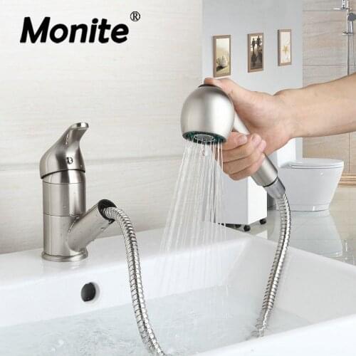 Monite Nickel Brushed Kitchen Faucet Pull Out & Swivel Mixer Tap Hot & Cold Brass Deck Mounted Kitchen Wash Basin Mixer Faucet