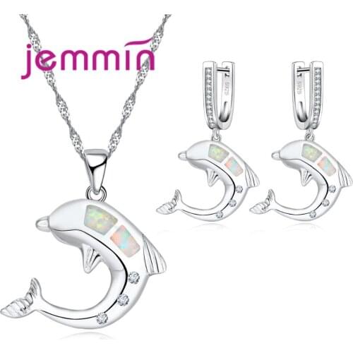 Cute Animal Dolphin 925 Sterling Silver Jewelry Sets 2021 White Opal Pendant Necklace And Earring Set For Birthday Gift