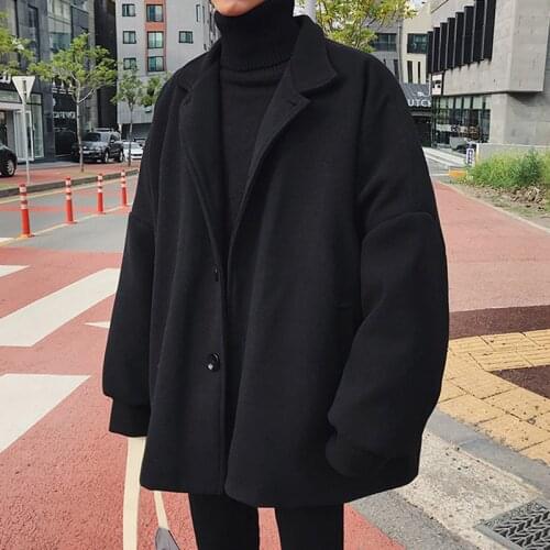 Mens Wool Blend Loose England Style Students Coat Winter Thick Warm Outwear Trench Coat Black Khaki H56