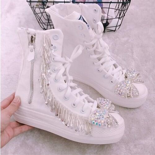 Spring and autumn new Thai fashion brand Handmade Beaded tassel bow sweet high top flat shoes thick soled canvas shoes