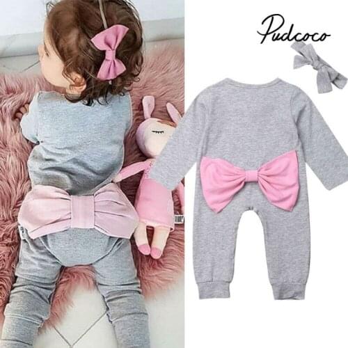 Spring Baby Girls Rompers Long Sleeve Gray Baby Boys Jumpsuit Hip Bow-knot Decor Toddler Baby Girls Clothes 0-24 Months
