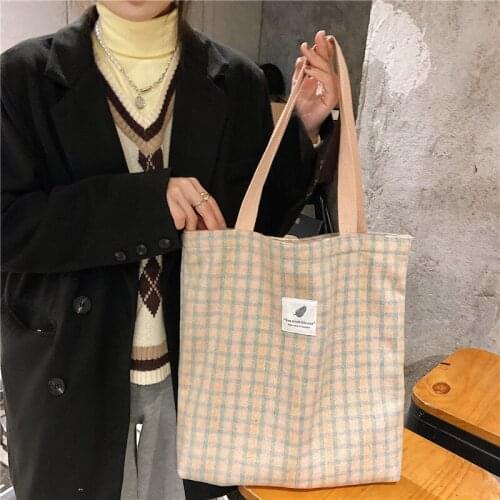 Vintage Plaid Women Wool Shoulder Bag College Style Student Girls Book Casual Tote Handbags Large Capacity Ladies Shopping Bags