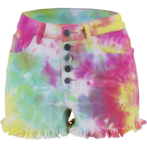 Women Sexy Tie Dye Print Fashion Tassel Denim Shorts Jeans Hot Shorts