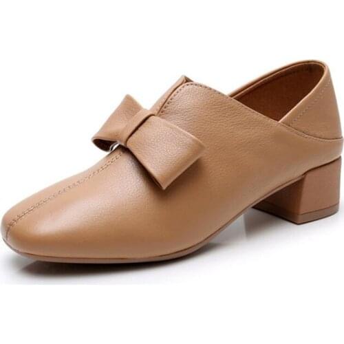Hot 2020 Spring New Square Head Bow Women High Heel Shoes Fashion Shoes Elegant Comfort Soft Genuine Leather Shoes Large Size 43