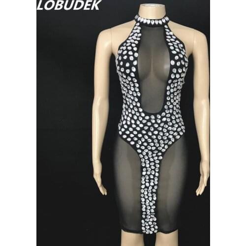 Women Crystal See Through Dress Sexy Off Shoulder Rhinestones Transparent Dresses Women Birthday Banquet Evening Prom Stage Wear