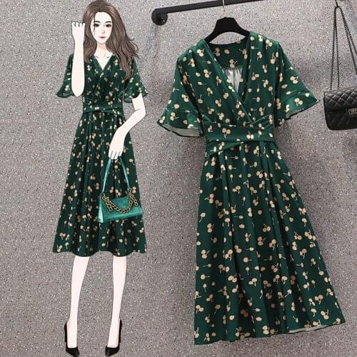 EHQAXIN Summer Fashion Ladies V-Neck Dress Floral Chiffon Loose Flare Sleeve Long Skirt Mori Fairy Dress Bowknot Lace M-4XL